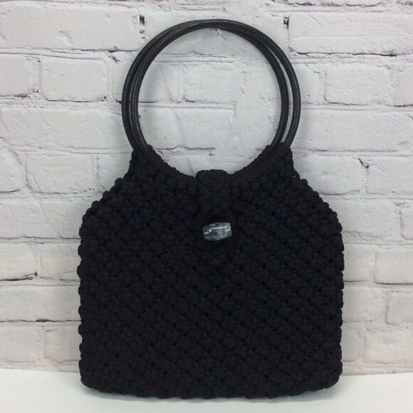 Vintage Macrame Handmade Pocketbook Black Boho Hippie Hoop Shoulder Bag Lined - Picture 1 of 7